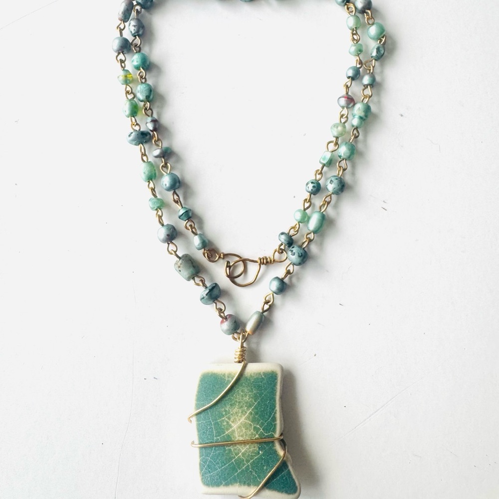 Hurricane History - Handcrafted OOAK Teal Green and Gold Pendant Necklace - Picture 2 of 6